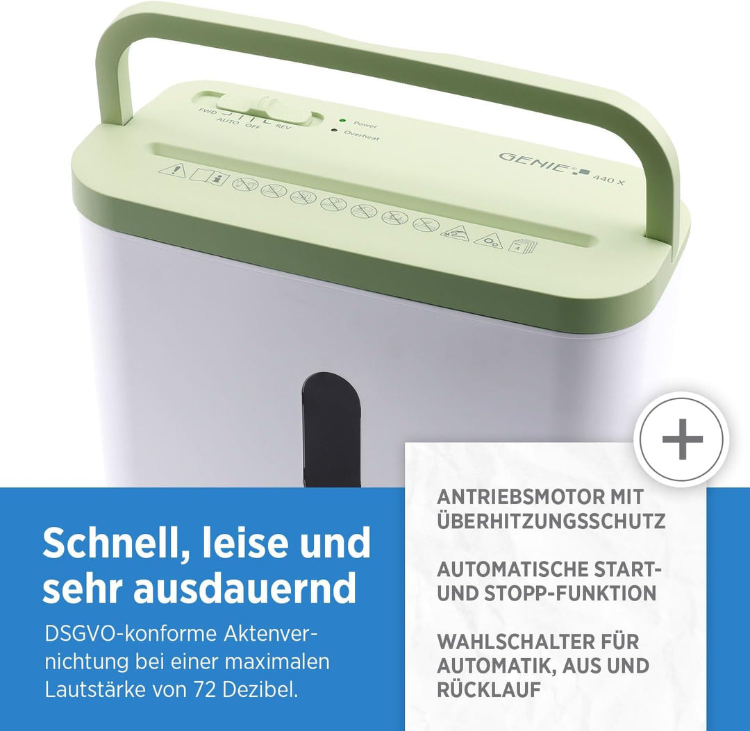 GENIE 440 X Aktenvernichter | Partikelschnitt 4x38 mm | Sicherheitsstufe P-4 | Leise 72 dB | Kompakt