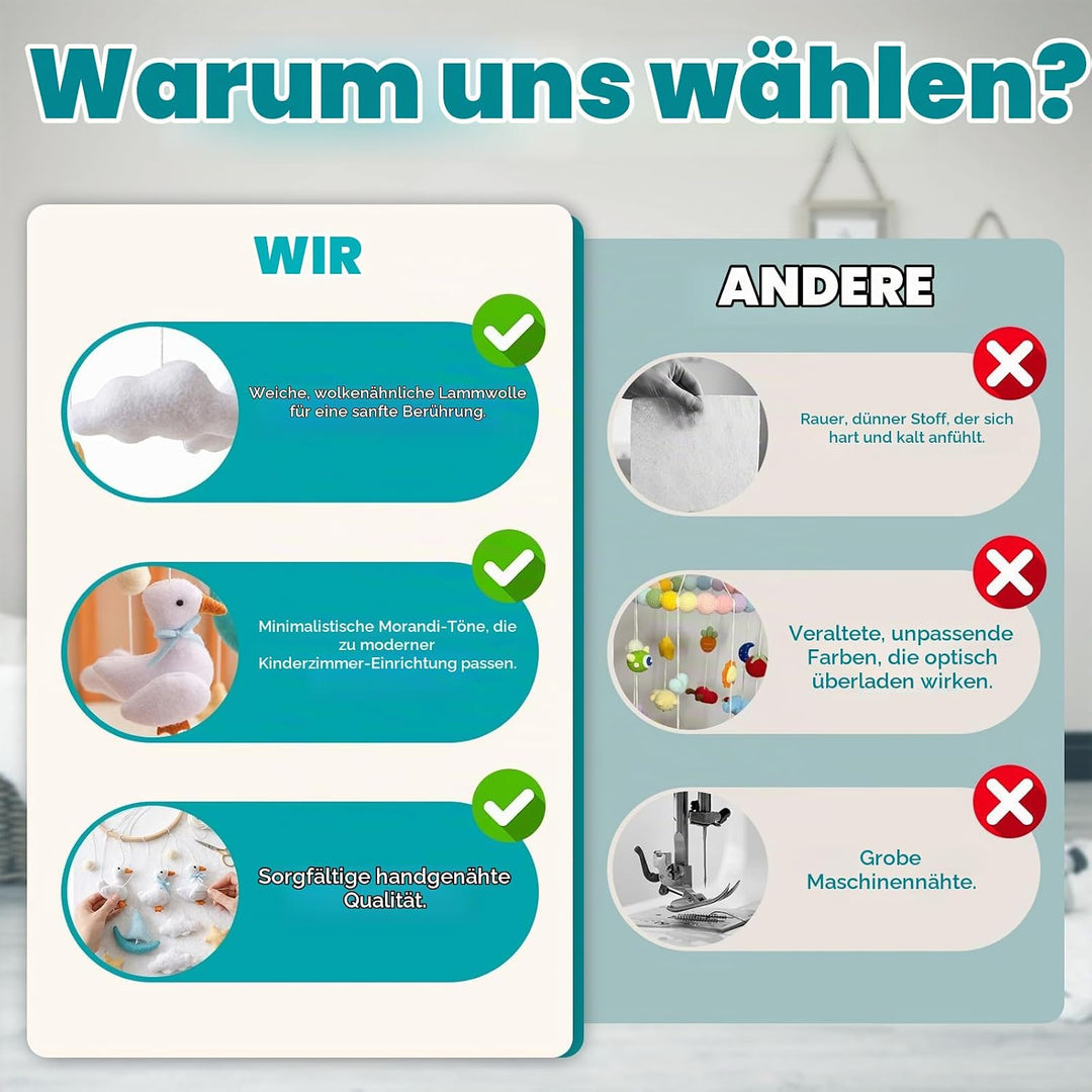 Mobile Babybett, Handgefertigt Bambus Filz Mobile mit weissen Enten, Wolken und gelben Sternen, Häng