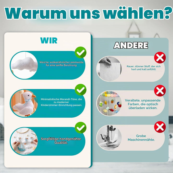 Mobile Babybett, Handgefertigt Bambus Filz Mobile mit weissen Enten, Wolken und gelben Sternen, Häng