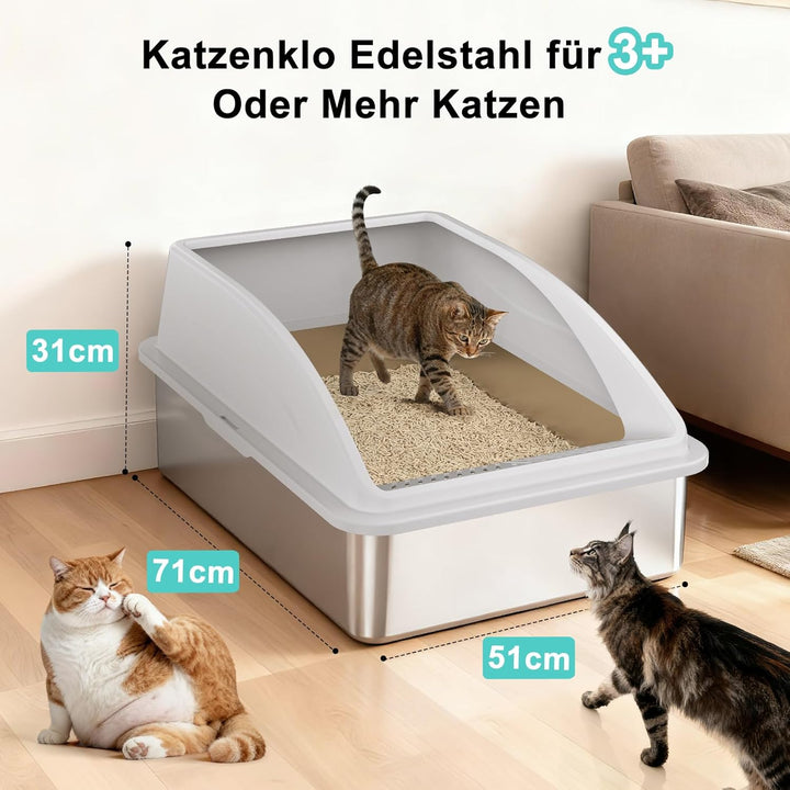 FURTIME Katzenklo Edelstahl XXXL, Katzentoilette Edelstahl 71x51x31 cm, Extra Grosses Katzenklo mit