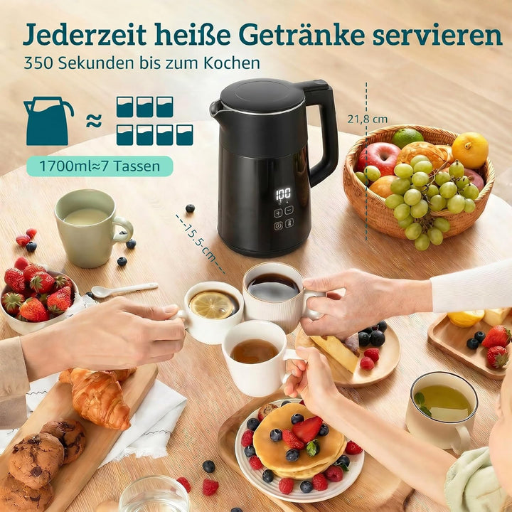 HOMCOM Elektrischer Wasserkocher, 1,7L, Schnellkochend, 2200W, mit LED-Display, Warmhaltefunktion, 4