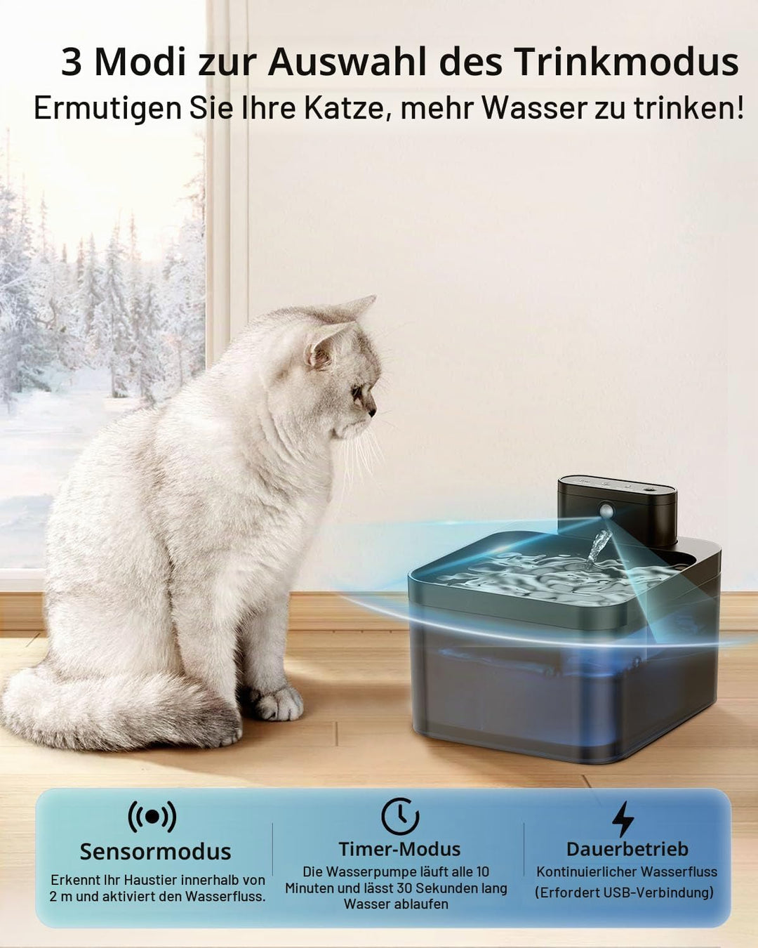 Katzenbrunnen Kabellos, VinDox 2.2L Trinkbrunnen für Katze Kabellos mit Bewegungsmelder, Batteriebet