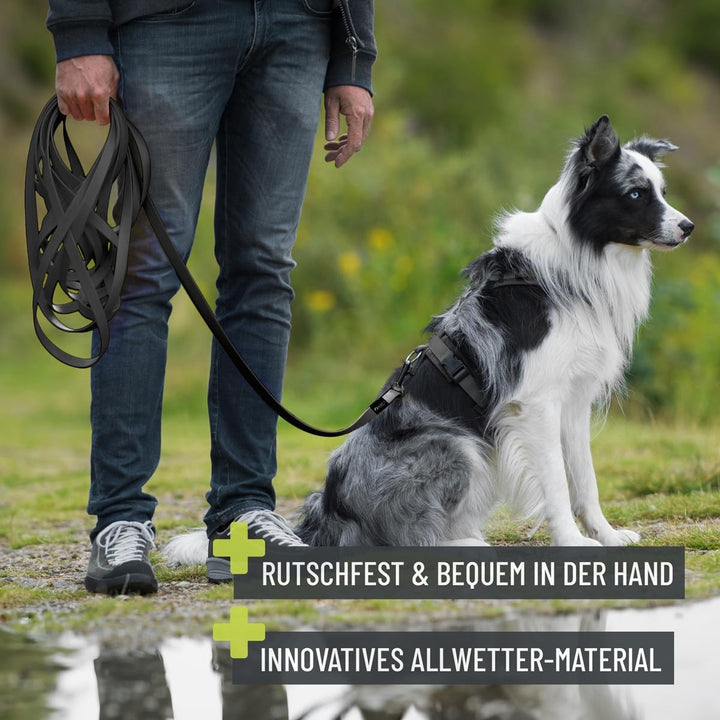 ReaVET Schleppleine für Hunde 10 Meter, Schwarz I Robuste & wasserfeste Hundeleine lang I Übungslein