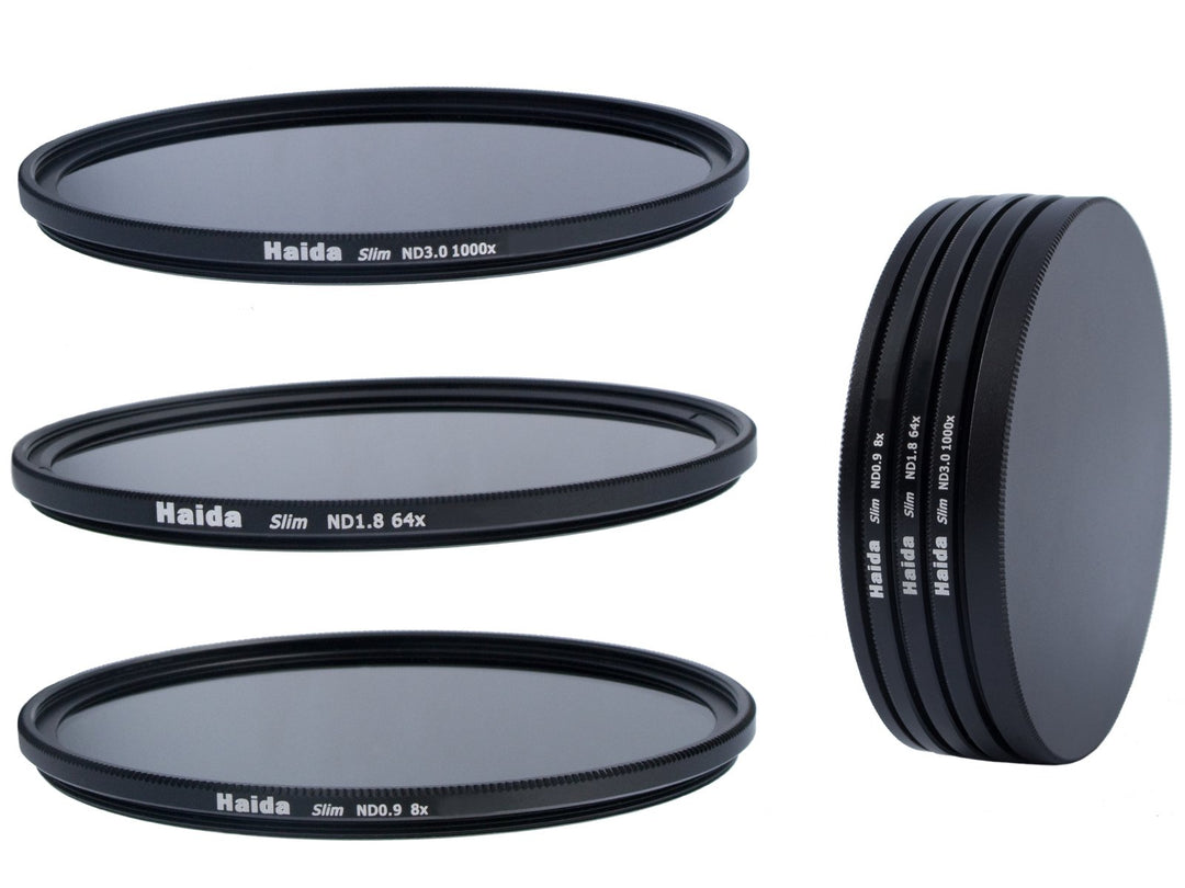 Slim Neutral Graufilter Set bestehend aus ND8, ND64, ND1000 Filtern 72mm inkl. Stack Cap Filterconta