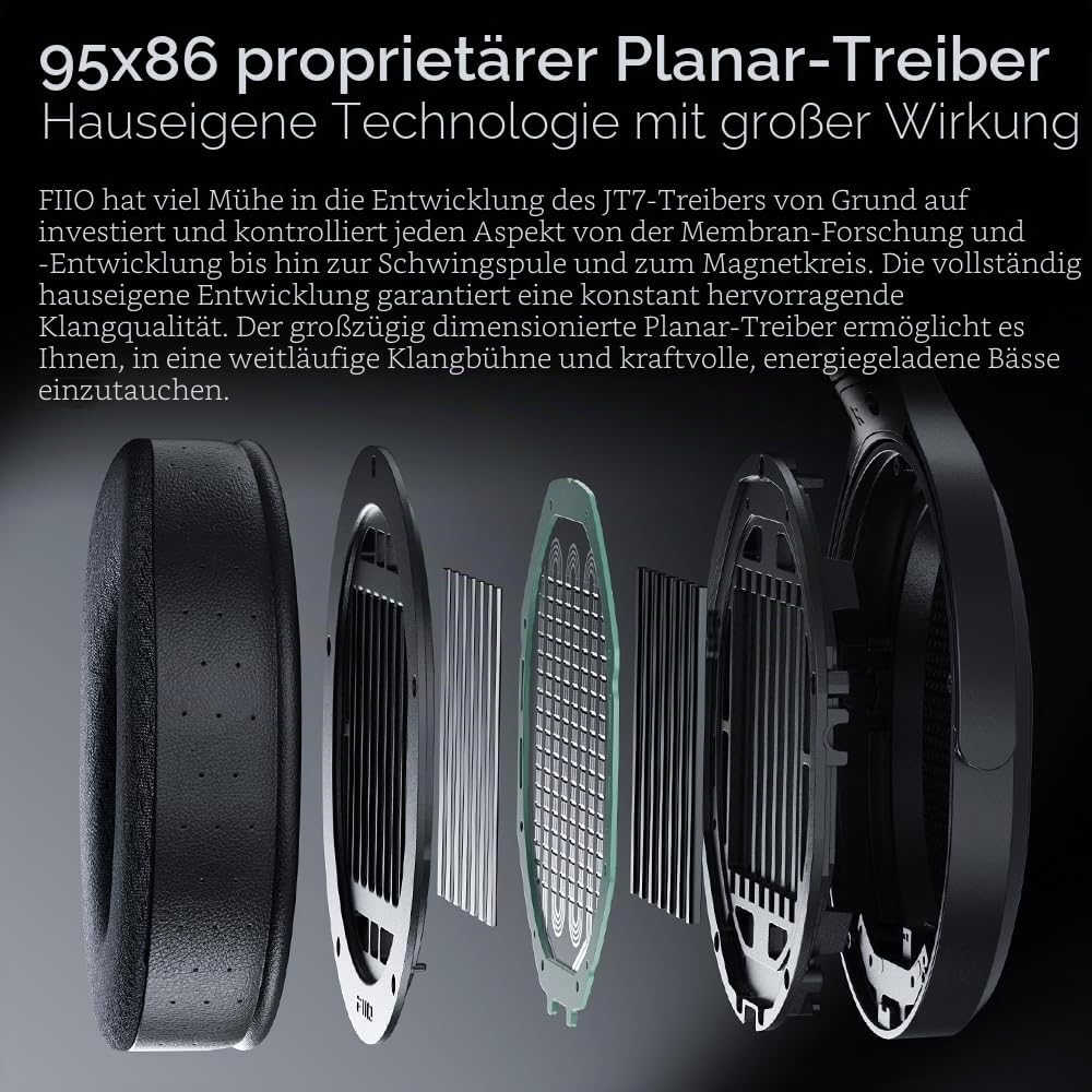 FiiO JT7 Over-Ear-Kopfhörer, planar, magnetisch, 95 x 86 mm, Planar-Treiber, 3 µm ultradünne Membran