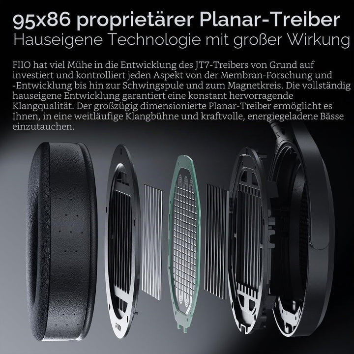FiiO JT7 Over-Ear-Kopfhörer, planar, magnetisch, 95 x 86 mm, Planar-Treiber, 3 µm ultradünne Membran