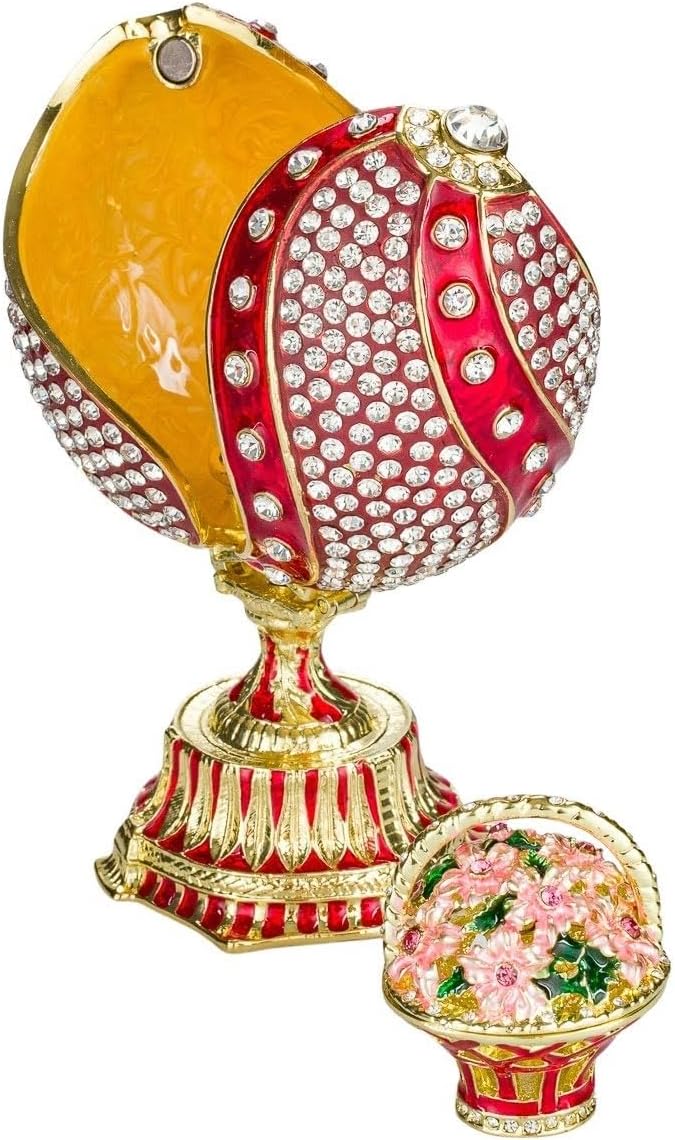 Danila-Souvenirs Fabergé-Stil verdrehtes Ei mit Korb der Blumen 12 cm rot
