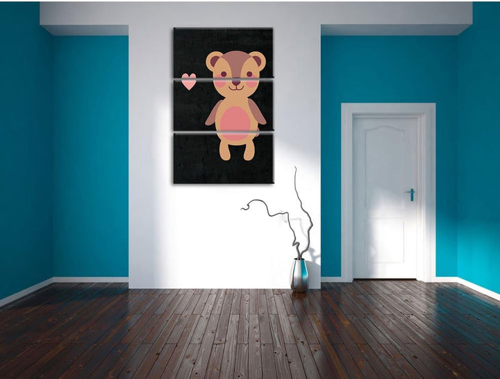 Pixxprint Niedlicher Bär schwarz 3-Teiler Leinwandbild 120x80 Bild auf Leinwand
