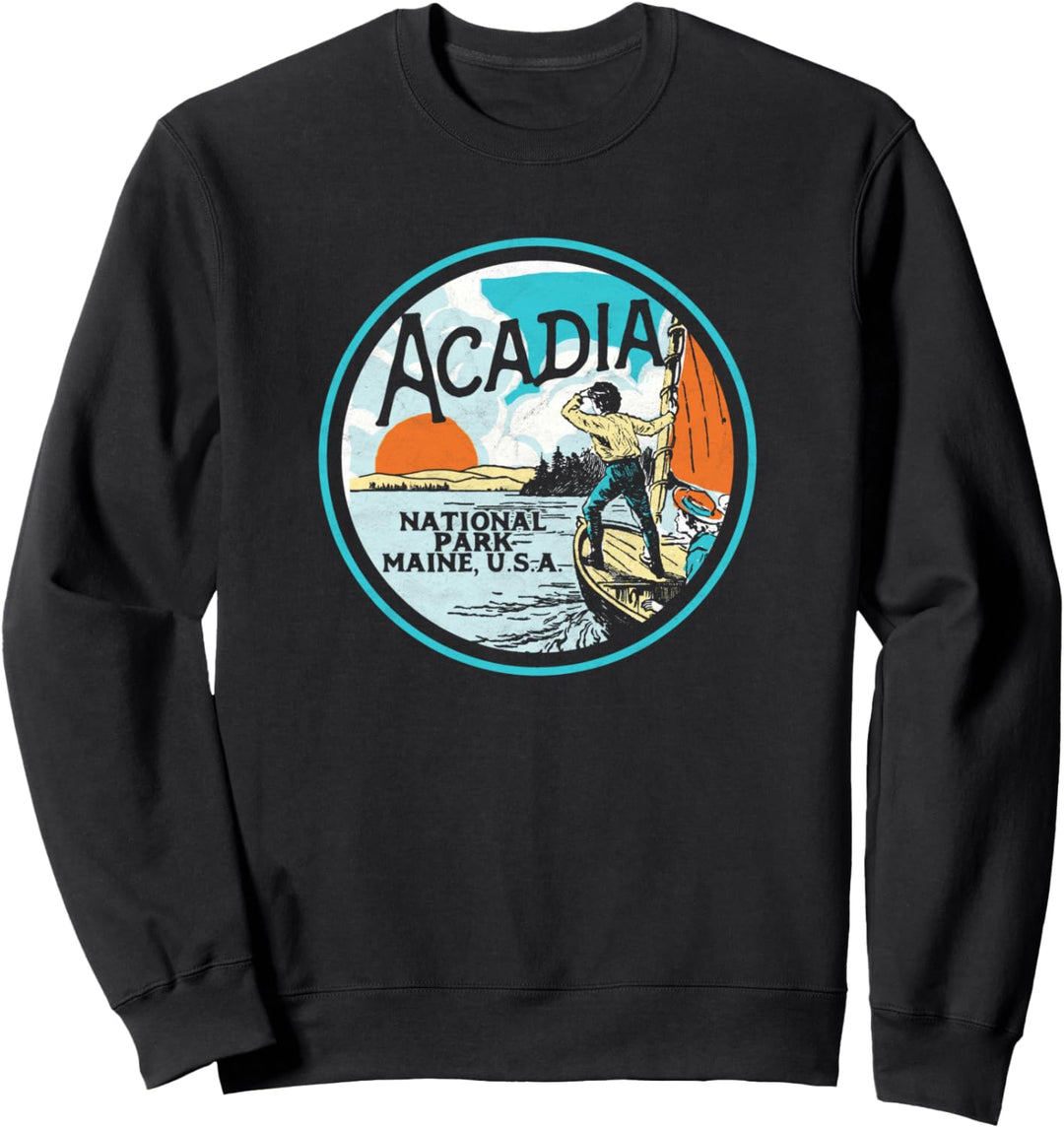 Acadia National Park Retro Maine Vintage Illustrated Sailing Sweatshirt