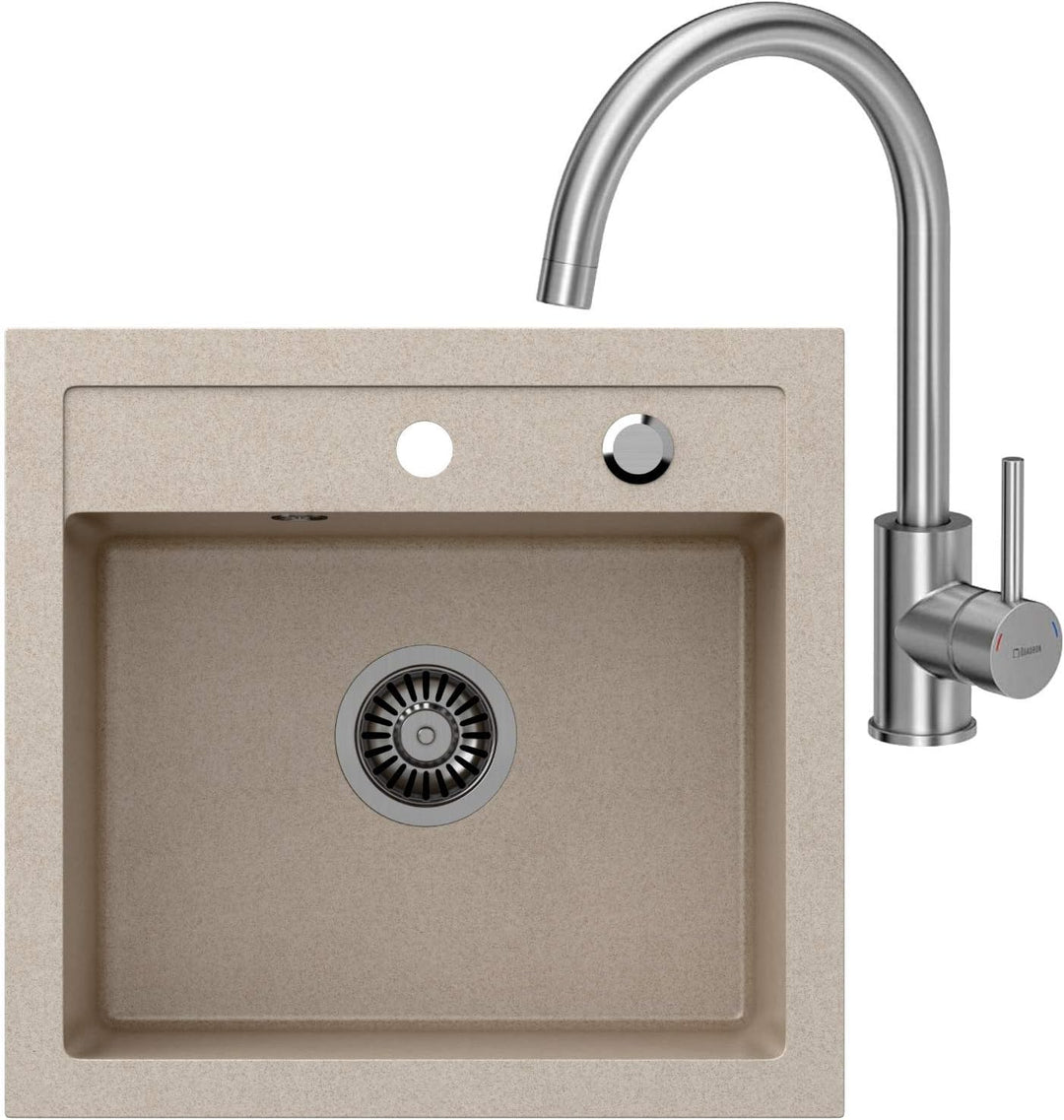 VBChome Spülbecken + Armatur 50 x 47 cm Beige Spüle Einzelbecken Küche Einbauspüle Verbundspüle Küch