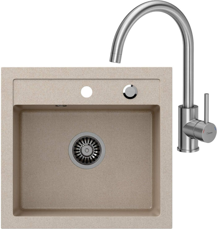 VBChome Spülbecken + Armatur 50 x 47 cm Beige Spüle Einzelbecken Küche Einbauspüle Verbundspüle Küch