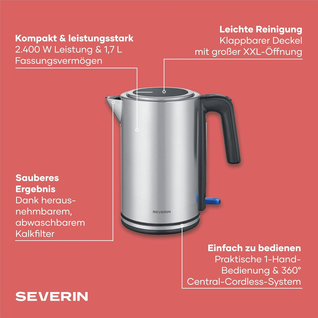 Severin Wasserkocher, Edelstahl, 1,7L, mit herausnehmbarem Kalkfilter, Leuchtanzeige, 360°-Basis, au