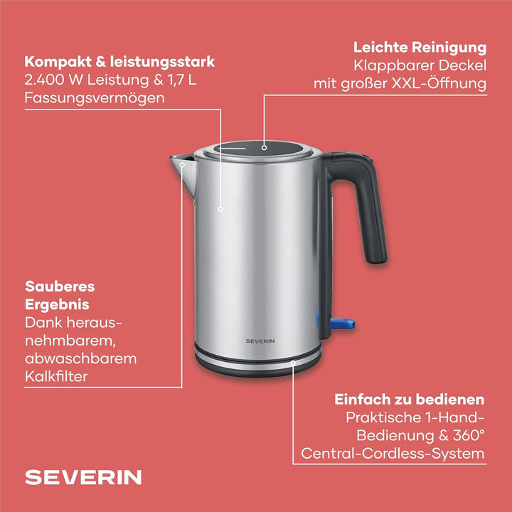 Severin Wasserkocher, Edelstahl, 1,7L, mit herausnehmbarem Kalkfilter, Leuchtanzeige, 360°-Basis, au