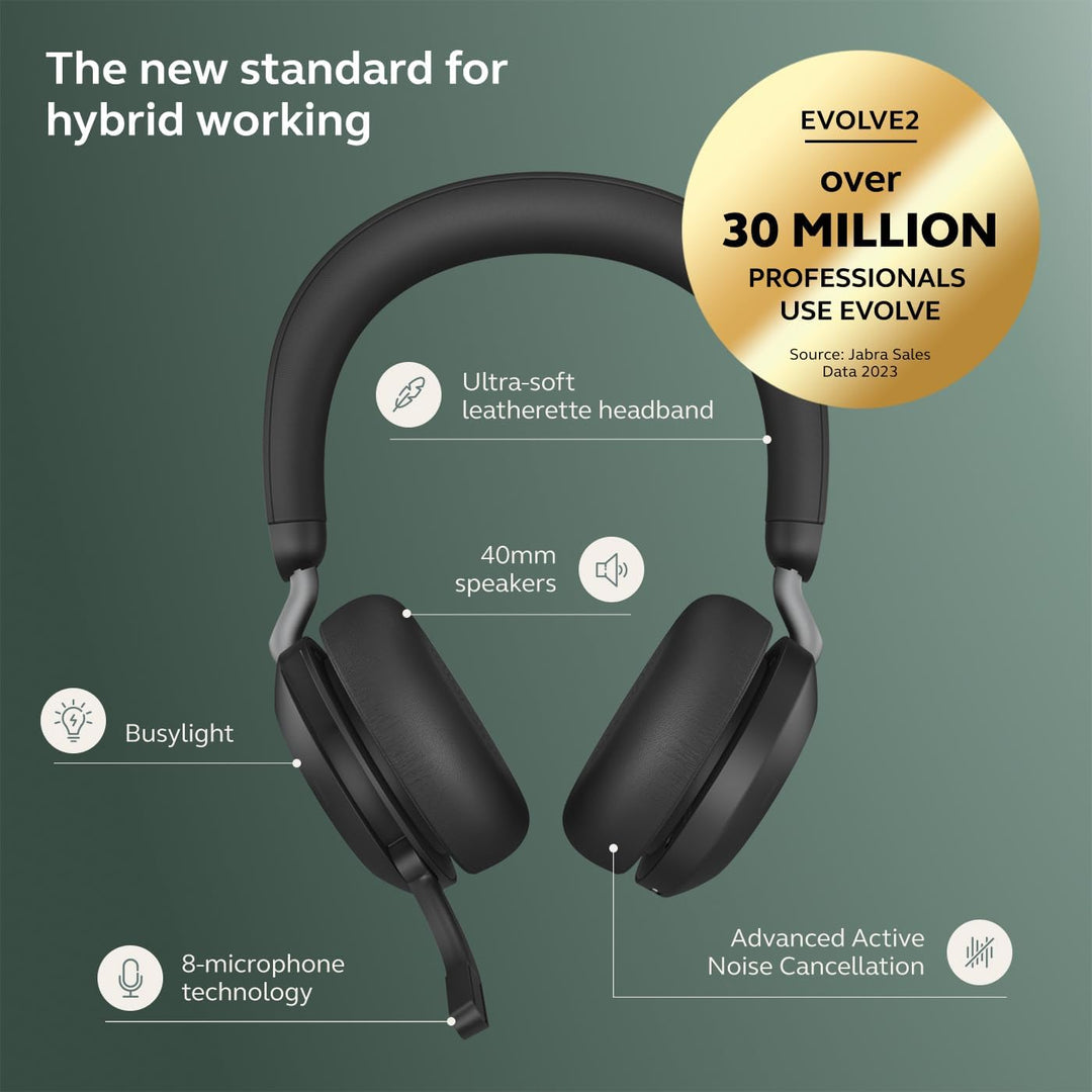 Jabra Evolve2 75 Wireless PC Headset with 8-Microphone Technology - Dual Foam Stereo Headphones with