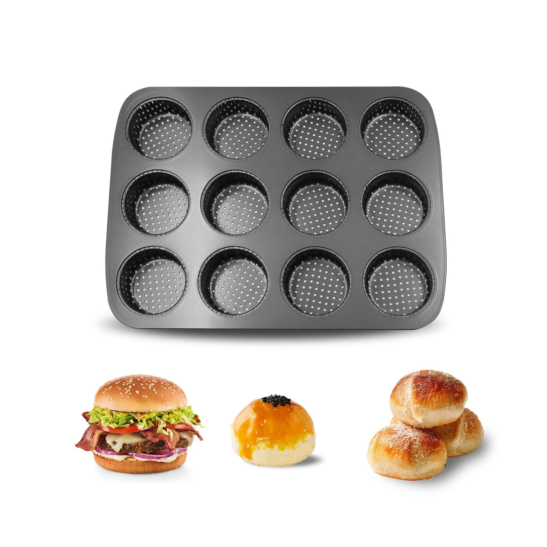 Mini Burger Brotblech, 12 Formen, Kohlenstoffstahl, mit Antihaftbeschichtung, Hamburgerbrötchenform