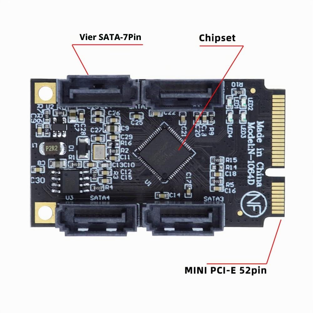 cablecc Mini PCI-E PCI Express auf 6 Gbit/s Vier Ports SATA 3.0 Adapter Konverter Festplattenerweite