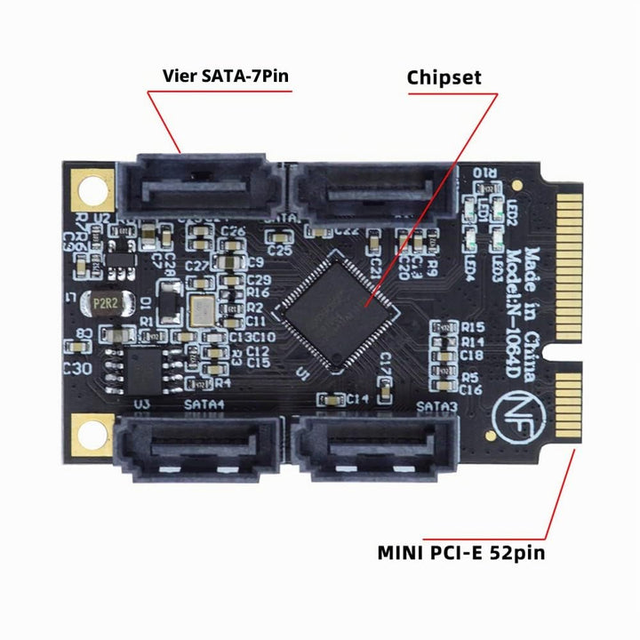 cablecc Mini PCI-E PCI Express auf 6 Gbit/s Vier Ports SATA 3.0 Adapter Konverter Festplattenerweite