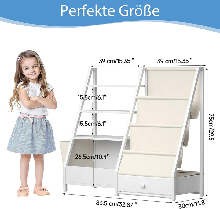Quikraen Bücherregal Kinder, Kinderregal mit 4 Ablage und 3 Offenen Fächern, Montessori Bücherregal,