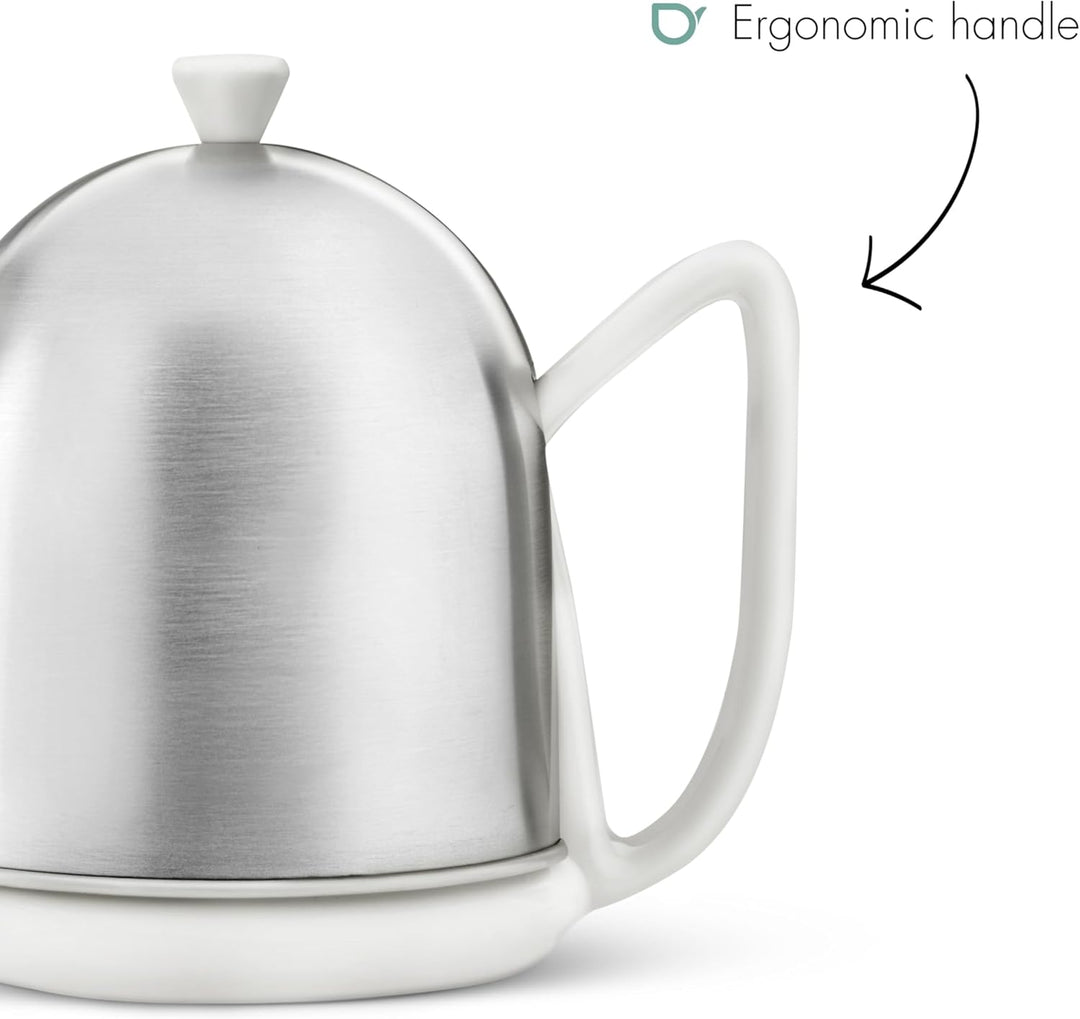 Bredemeijer kleine weisse Matte Keramik Teekanne 1.0 Liter mit Edelstahlhaube Weiss 1 l, Weiss 1 l