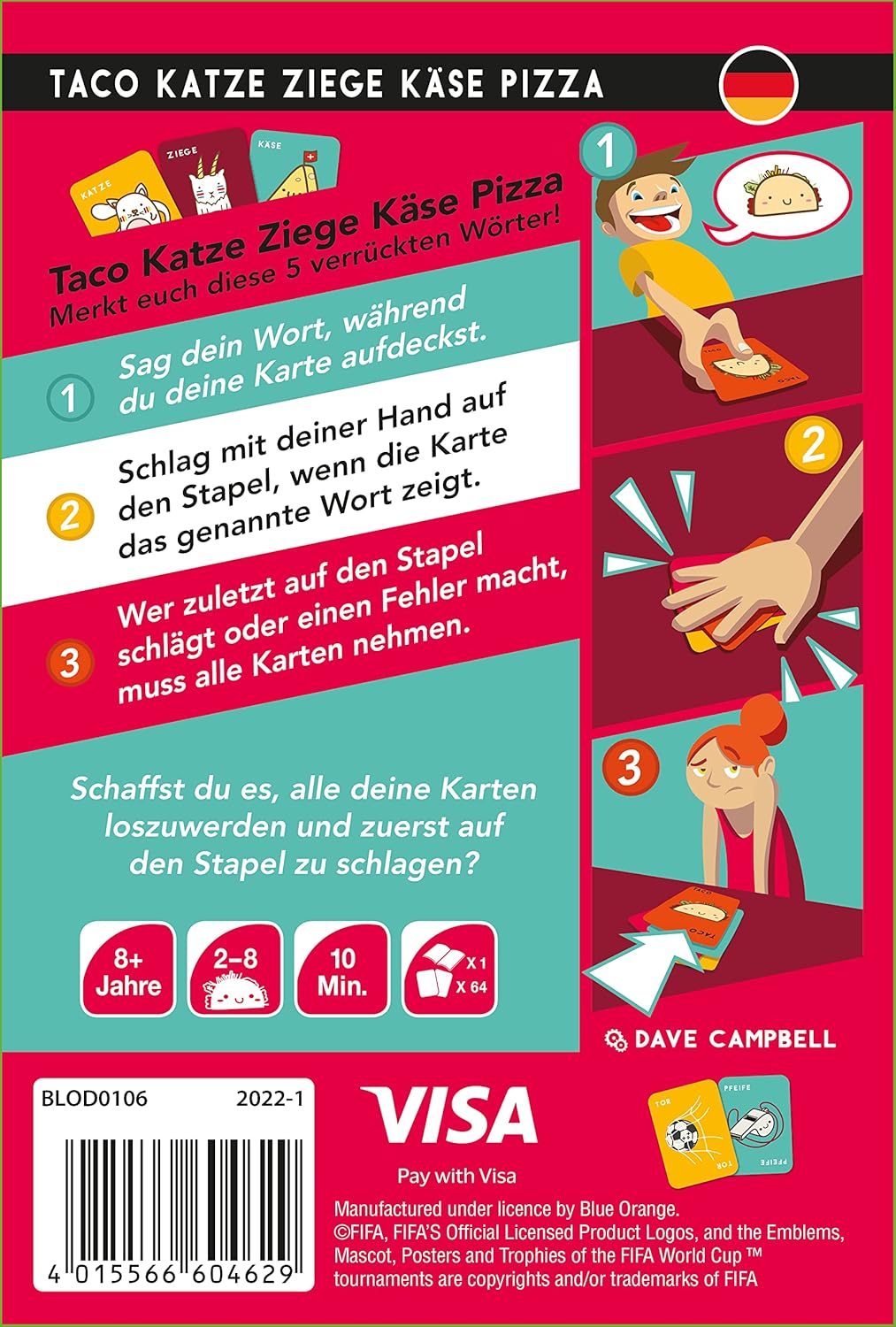 Blue Orange, Taco Katze Ziege Käse Pizza (FIFA-Edition), Partyspiel, Kartenspiel, 2-8 Spieler, Ab 8+