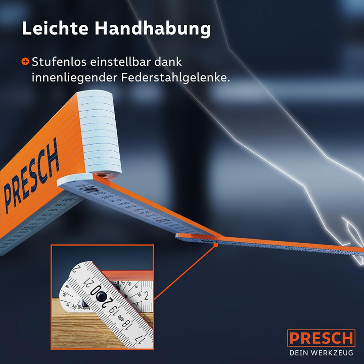 Presch Zollstock 3m mit Winkelfunktion - Holz - Orange - Grosse & sehr gut lesbare Zahlen - Exaktes