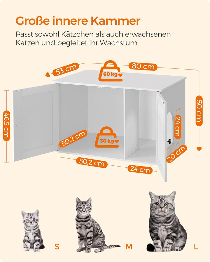 Feandrea Katzenhaus, Katzenklo-Schrank mit herausnehmbarer Trennwand, Tisch, 80 x 53 x 50 cm, weiss