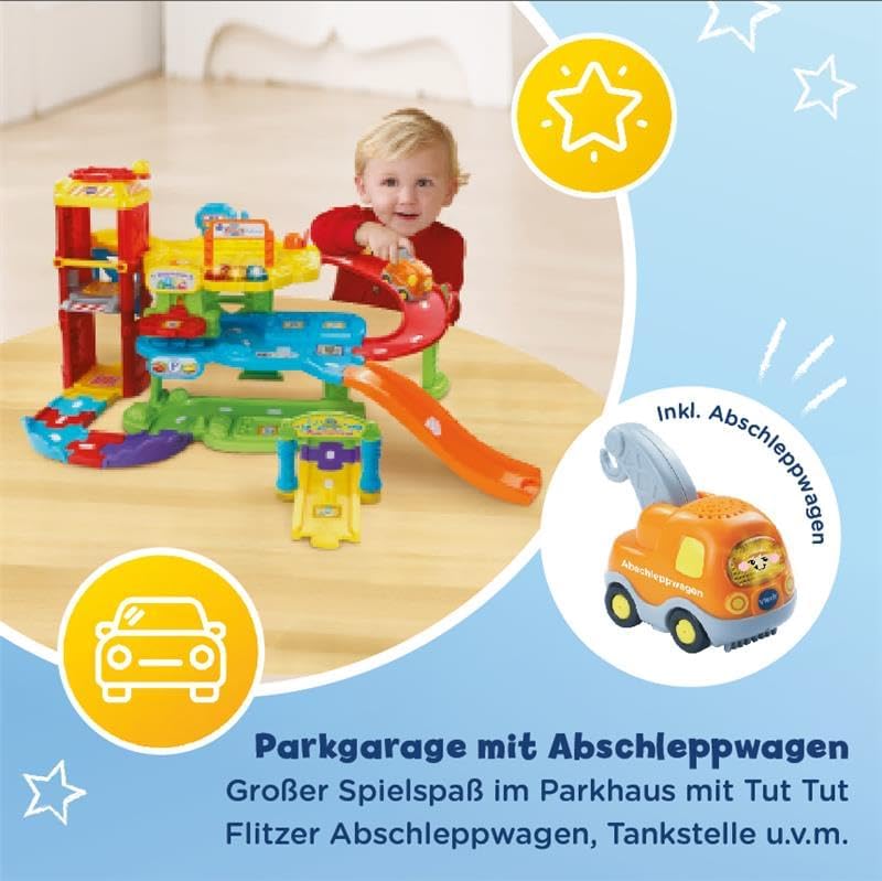 VTech Baby Flitzer - Parkgarage – Interaktives Spielzeug mit Abschleppwagen, Aufzug, Rutsche, Tankst