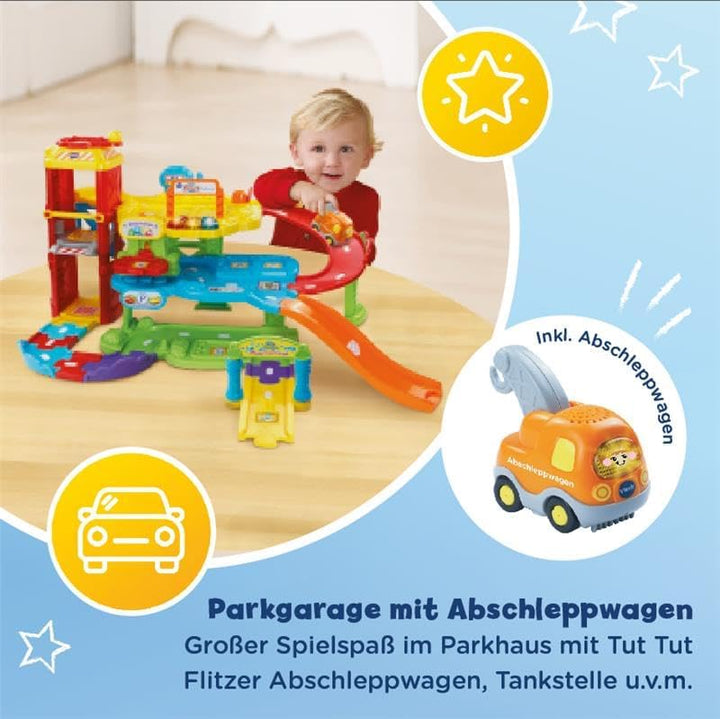 VTech Baby Flitzer - Parkgarage – Interaktives Spielzeug mit Abschleppwagen, Aufzug, Rutsche, Tankst
