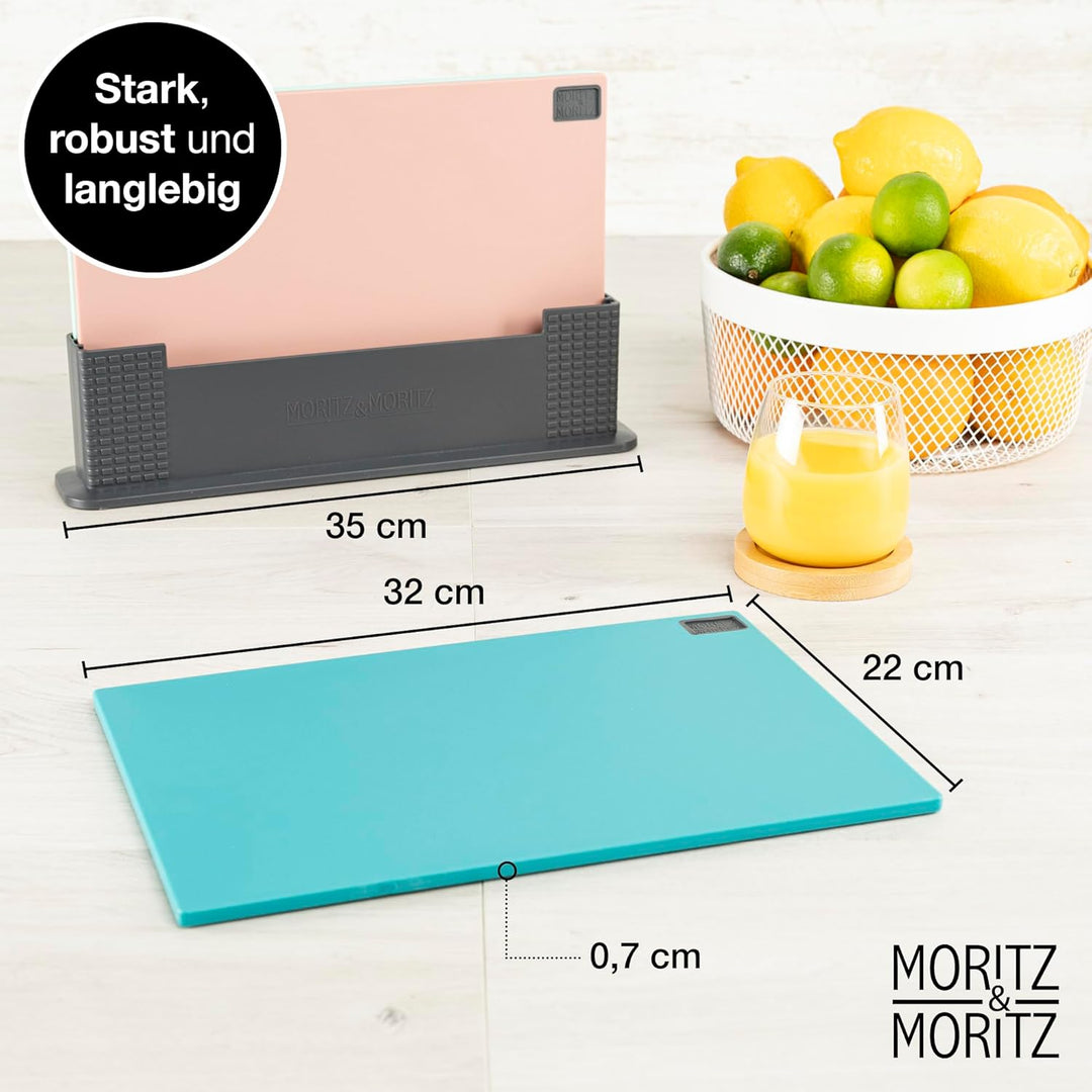 Moritz & Moritz 3x Schneidebrett Kunststoff Set - 32 x 22 cm - Im praktischen Ständer – Küchenbrett