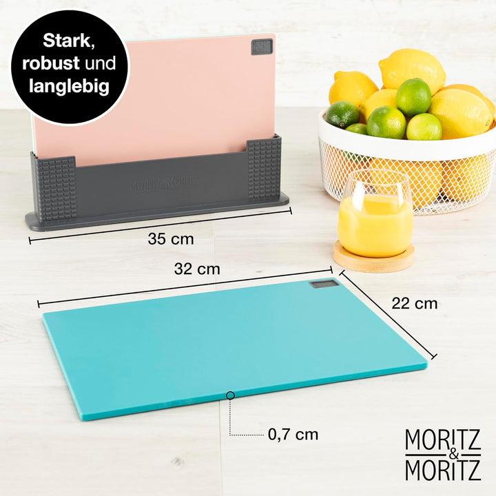 Moritz & Moritz 3x Schneidebrett Kunststoff Set - 32 x 22 cm - Im praktischen Ständer – Küchenbrett