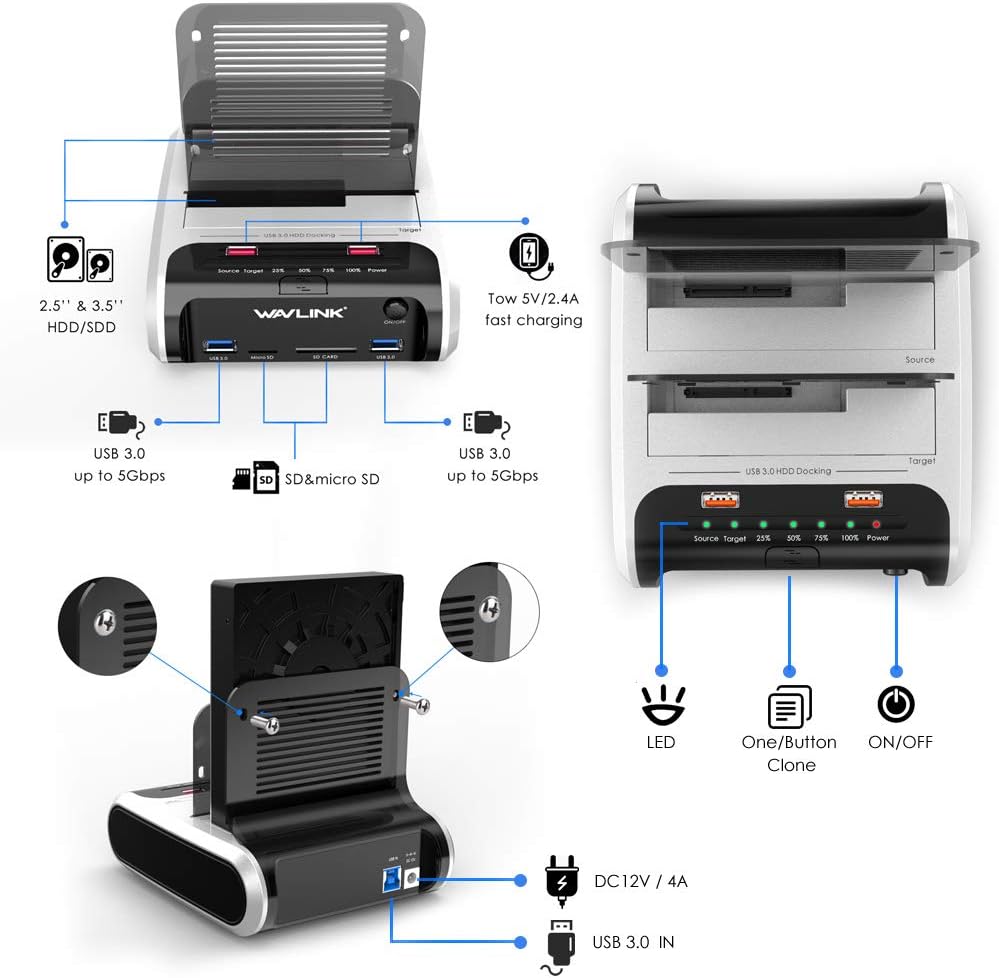 Festplatten Dockingstation, WAVLINK USB Festplatten Docking Station Offline Klonfunktion für 2,5 Zol