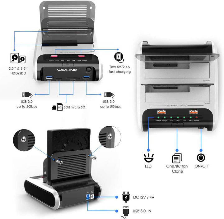 Festplatten Dockingstation, WAVLINK USB Festplatten Docking Station Offline Klonfunktion für 2,5 Zol