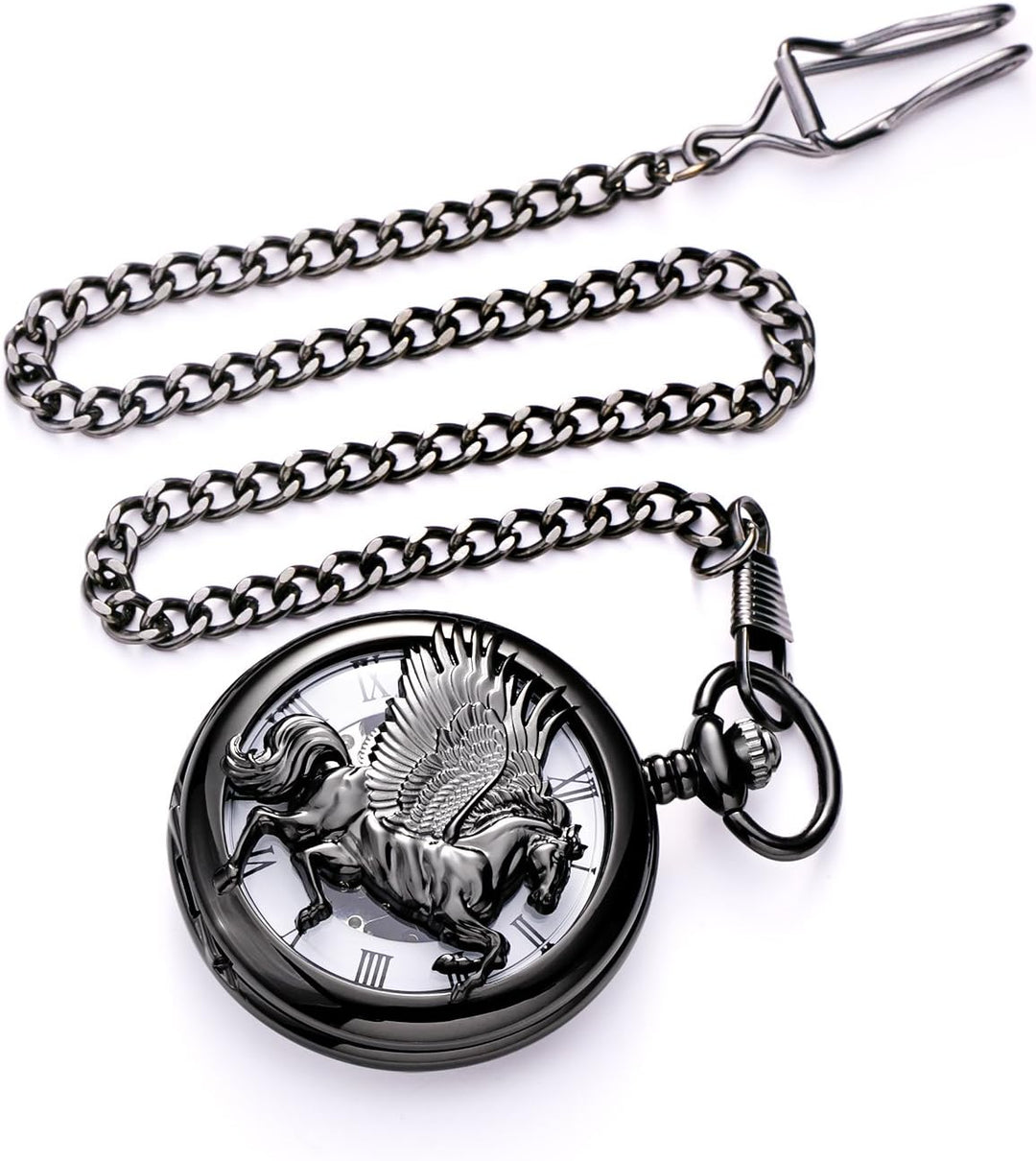 TREEWETO Unisex Taschenuhr mit Kette Analog Handaufzug Retro Pegasos Geflügeltes Pferd Schwarz