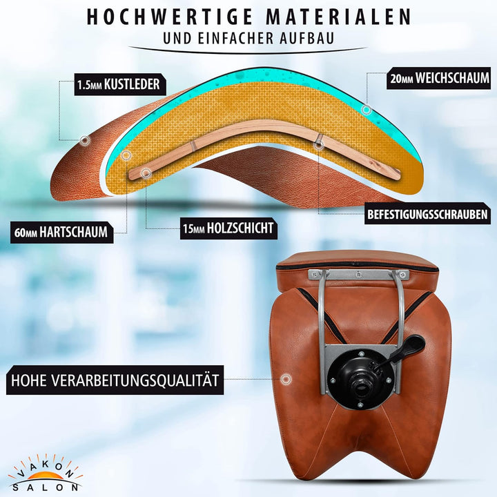 Breiter Sattelhocker mit Lehne Hellbraun Sattelstuhl für Rückenentlastung, Rollhocker höhenverstellb
