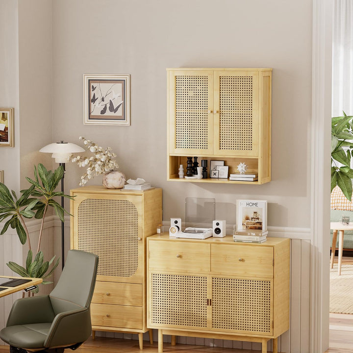 vovala Badezimmer-Wandschrank, Bambus-Aufbewahrungsorganisator über der Toilette mit 2 Rattantüren u