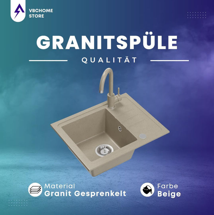 VBChome Spülbecken Granit Beige mit Armatur 55 x 44 cm Einzelbecken Einbauspüle Gesprenkelt Reversib