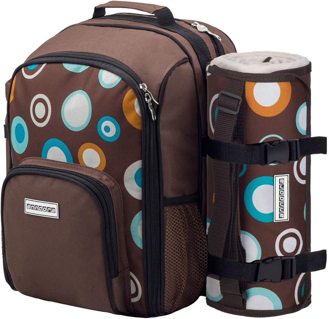 anndora Picknickrucksack 2 Personen 15 TLG. Zubehör + Picknickdecke braun Retro Braun Bunte Kreise -