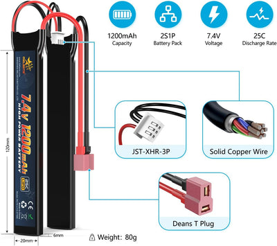 Melasta Airsoft Akku Lipo Akku Stick 2S 7.4V 1200mAh 25C Batterien mit Deans T Stecker für M4 SOPMOD