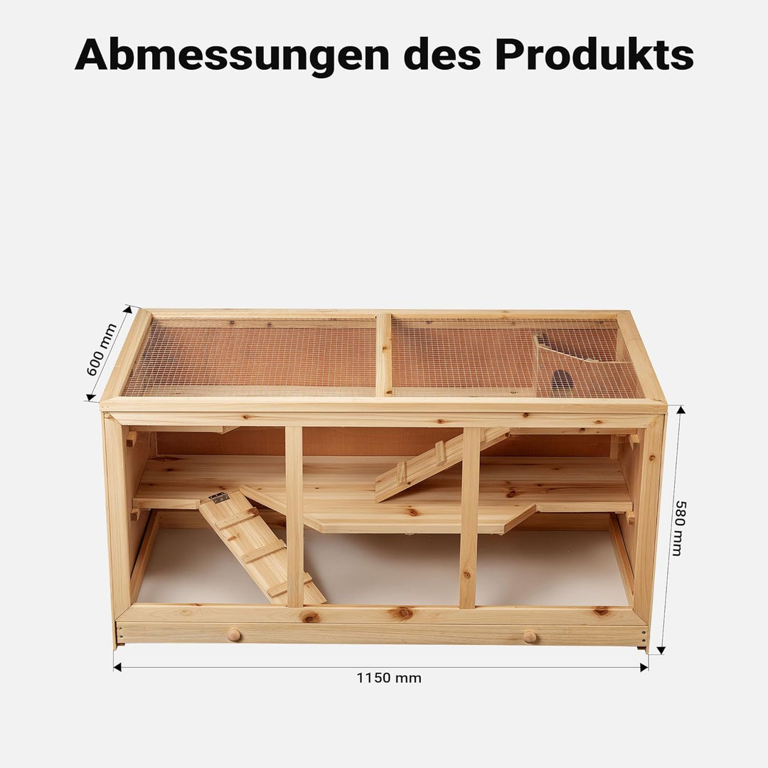 Wiltec XXL 3 Etagen Nagerkäfig, 4-eckig, 1150 x 600 x 580 mm, aus Holz, mit klappbarem Deckel & Sich