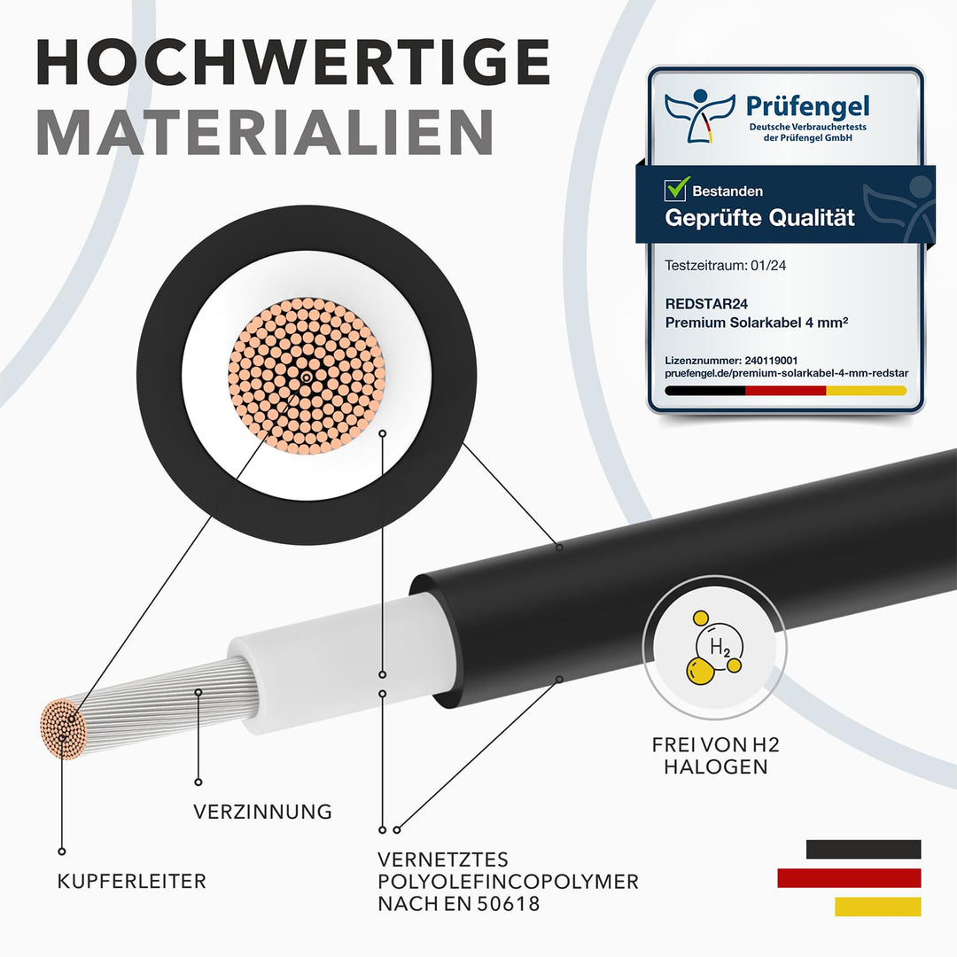 RedStar24 Premium Solarkabel 4mm² Schwarz - 50m - TÜV-zertifiziert - UV-beständig, flexibel, Photovo