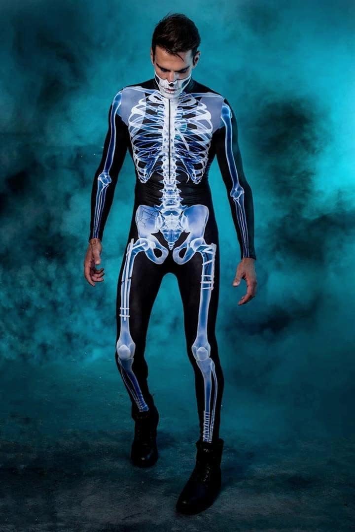 Shmily Girl Skelett Kostüm Damen Herren Halloween Kostüme Cosplay Overall Bodysuit Blau XXL, Blau XX