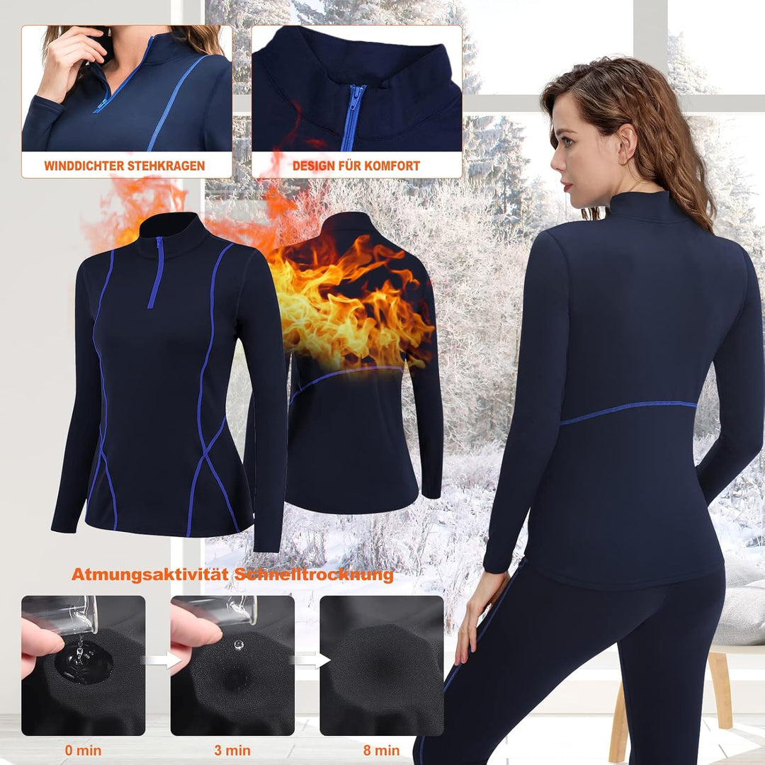 TBoonor Thermounterwäsche Damen mit Winddichter Stehkragen, Thermowäsche Set Thermo Unterwäsche Skiu