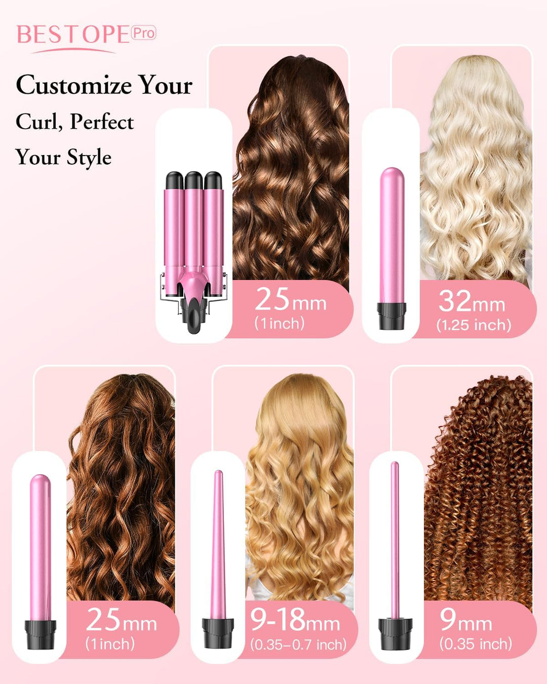 BESTOPE PRO Lockenstab set 5 in 1 Welleneisen - Lockenstäbe 3 Fässer für Grosse Keine Locken Keramik