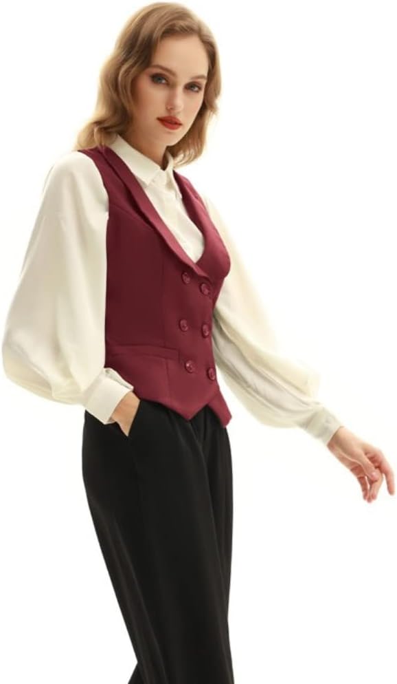 Belle Poque Damen Weste mit Gebogenes Revers V-Ausschnitt Karierte Weste mit Zwei Taschen Geometrisc