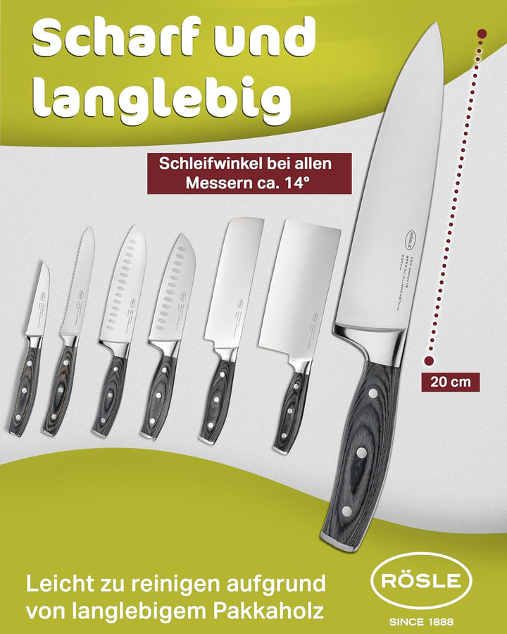 RÖSLE Kochmesser WOLFGREY 20 cm – Hochwertiges und scharfes Küchenmesser, universell einsetzbar für