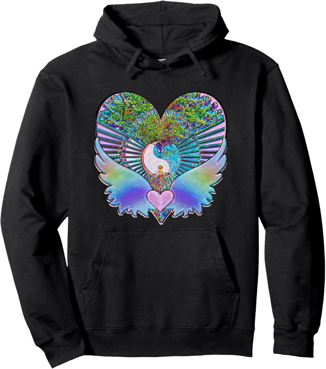 Regenbogen Herz mit Engel Flügel Baum des Lebens Yin Yang Pullover Hoodie