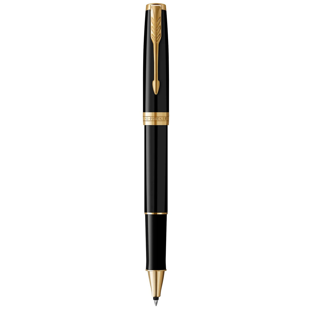 Parker Sonnet Tintenroller | Schwarze Lackierung mit Goldzierteilen | feine Spitze | Schwarze Tinte