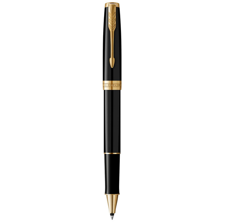 Parker Sonnet Tintenroller | Schwarze Lackierung mit Goldzierteilen | feine Spitze | Schwarze Tinte