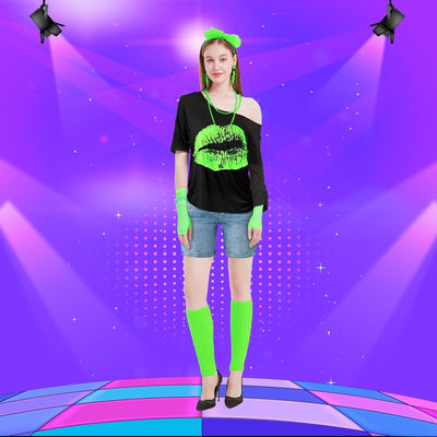 80er 90er Jahre Outfit Damen, T-Shirt, Beinwärmer, Stirnband, Ohrring, Halskette, Netzhandschuhe, 80