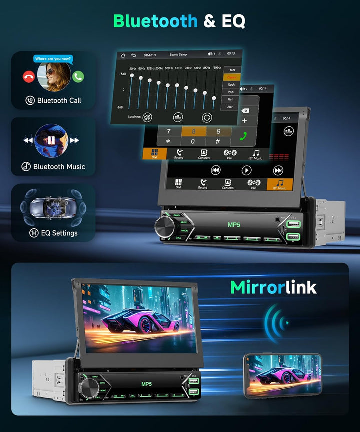 7 Zoll Flip Out 1 Din Autoradio mit DAB Wireless Carplay Android Auto, Podofo 1 Din Touchscreen Blue